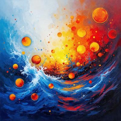 The primary subject of the image is a painting of a wave with a blue and orange color scheme. The setting is a blue ocean, and the visual style is a digital art or illustration. The dominant colors are blue and orange, creating a vibrant and lively atmosphere.